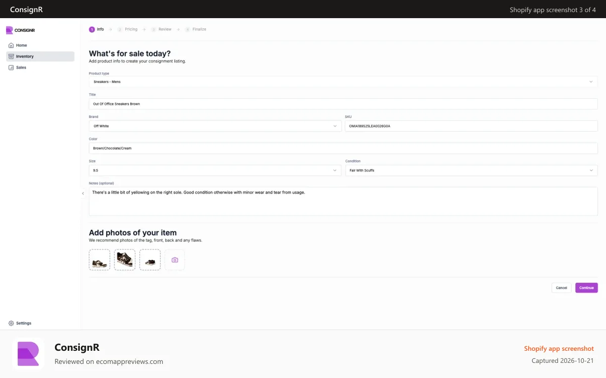 ConsignR Shopify app screenshot: ConsignR seller portal, item submission