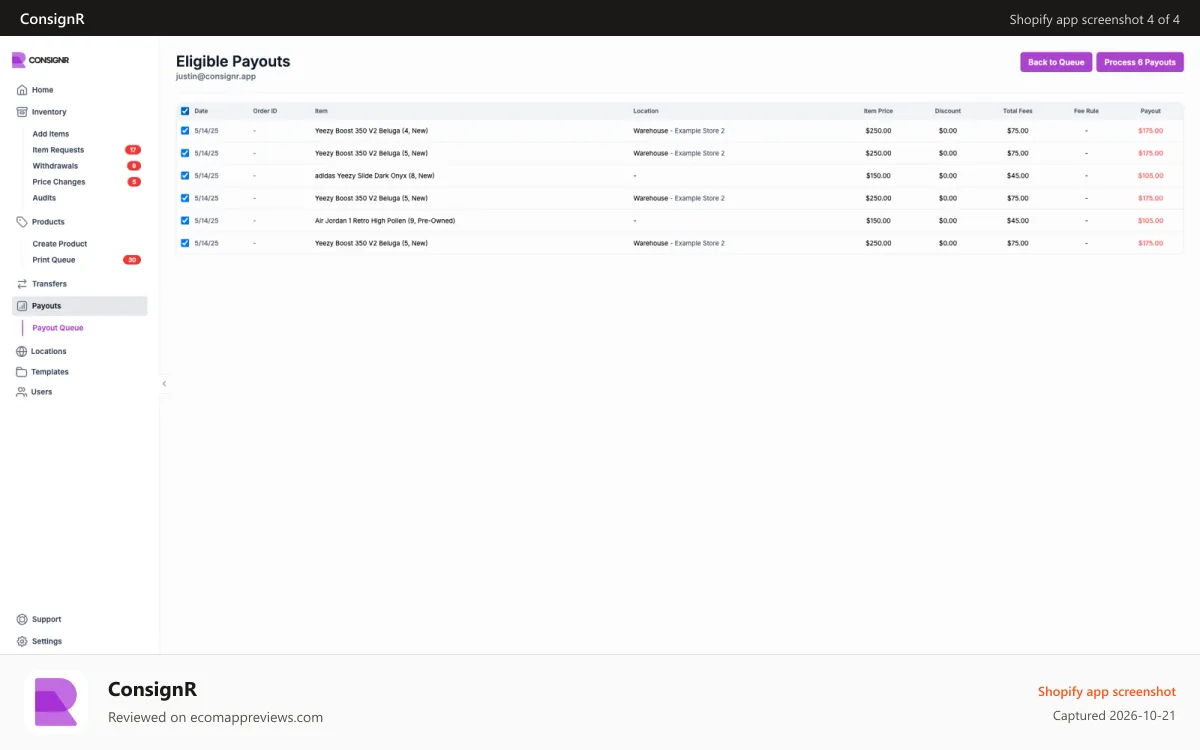 ConsignR Shopify app screenshot: Sending payouts with ConsignR