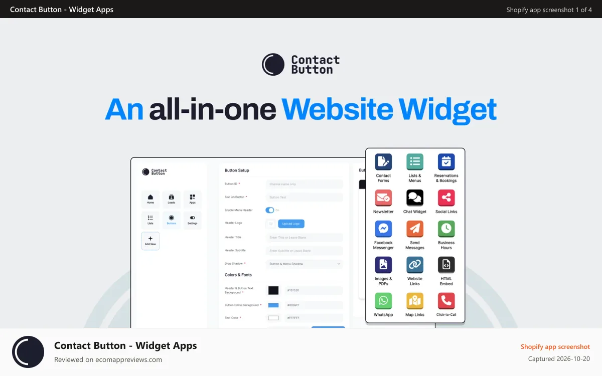 Contact Button ‑ Widget Apps Shopify app screenshot: Contact Button is an all-in-one website widget