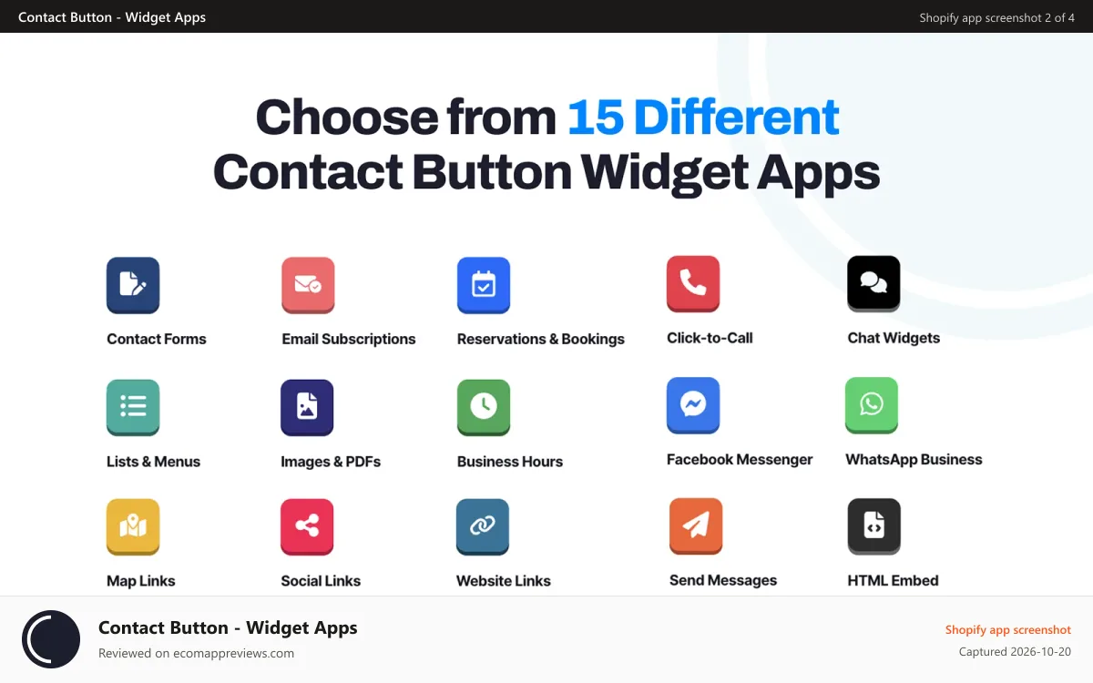 Contact Button ‑ Widget Apps Shopify app screenshot: Choose from 15 different Contact Button Widget Apps