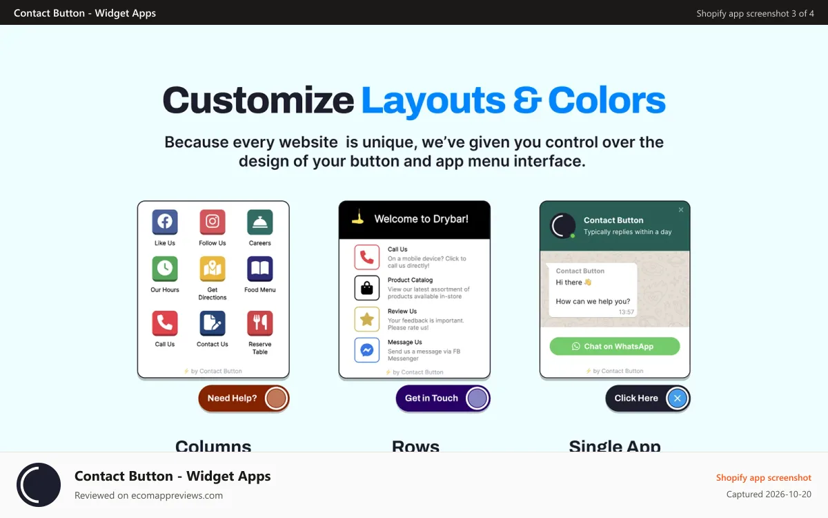 Contact Button ‑ Widget Apps Shopify app screenshot: Customize the layouts and colors of your buttons and menus