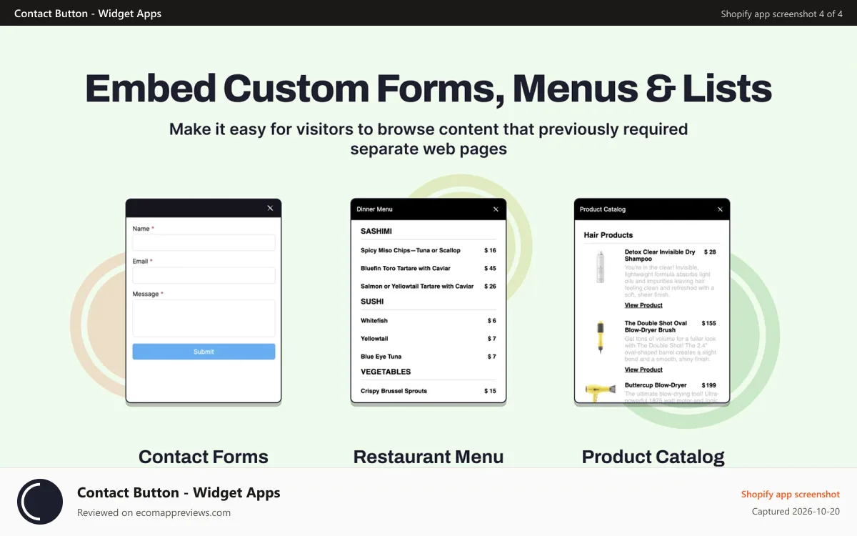 Contact Button ‑ Widget Apps Shopify app screenshot: Embed Custom Forms, Menus and more directly inside your button