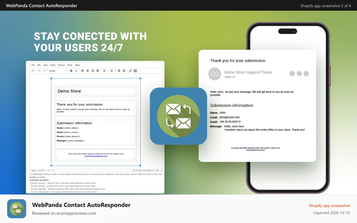 WebPanda Contact AutoResponder Shopify app screenshot: Screen 1