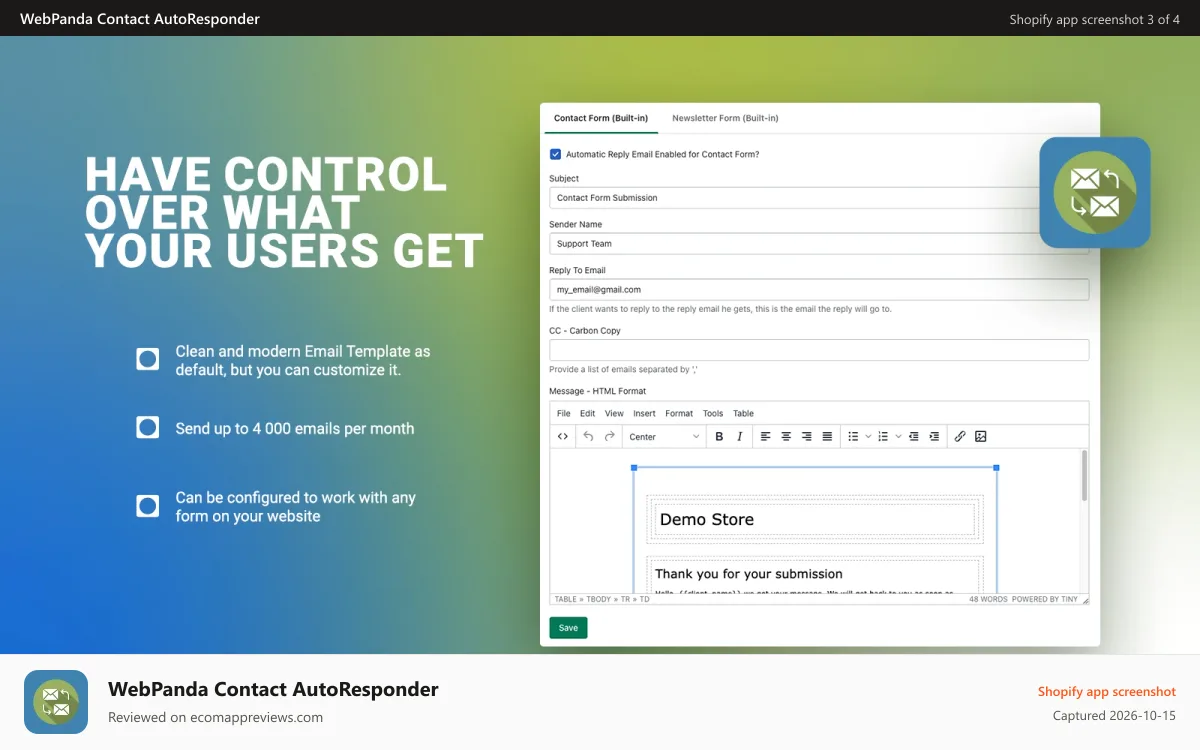 WebPanda Contact AutoResponder Shopify app screenshot: Screen 2