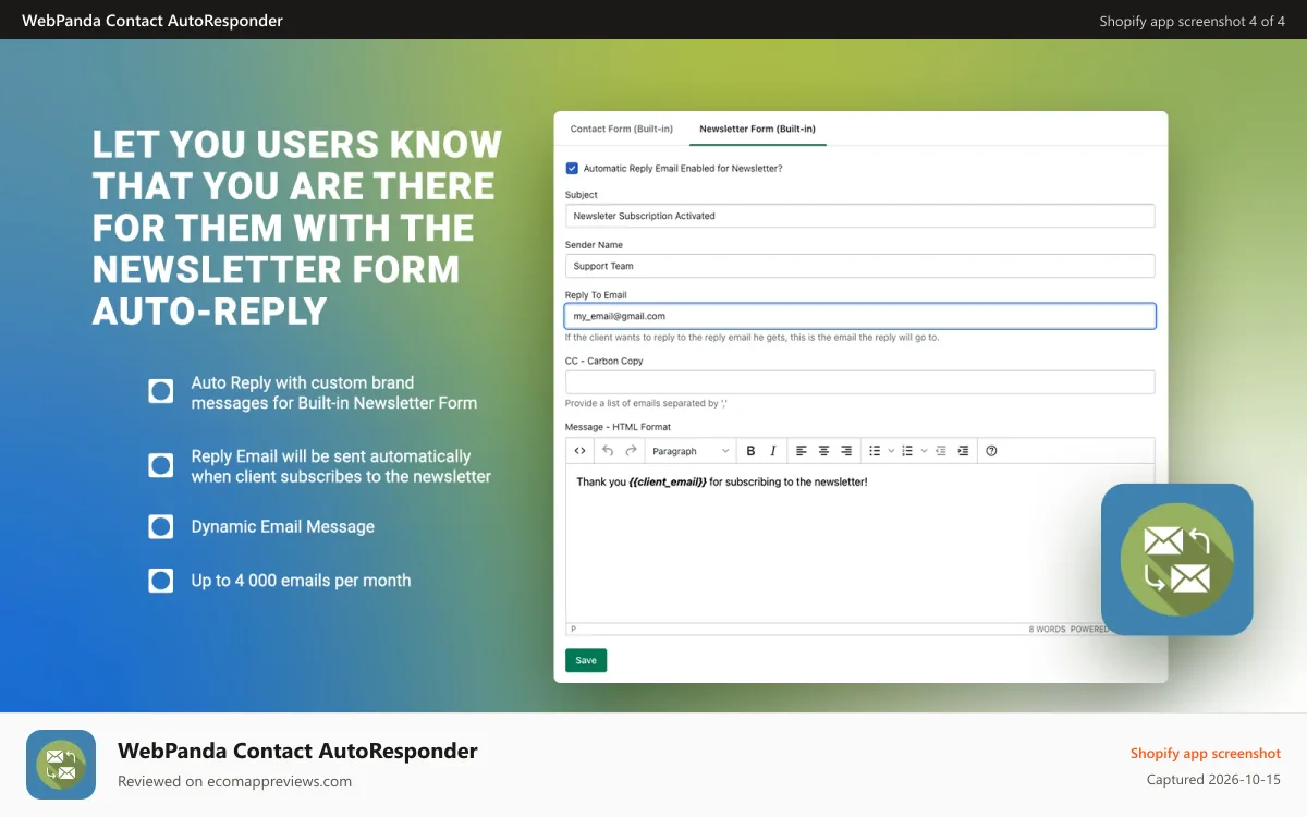 WebPanda Contact AutoResponder Shopify app screenshot: Screen 3