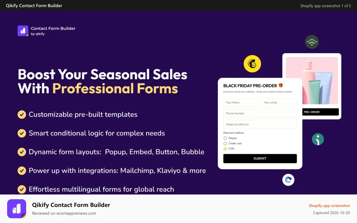 Qikify Contact Form Builder Shopify app screenshot: Create and customize online forms easily with zero coding