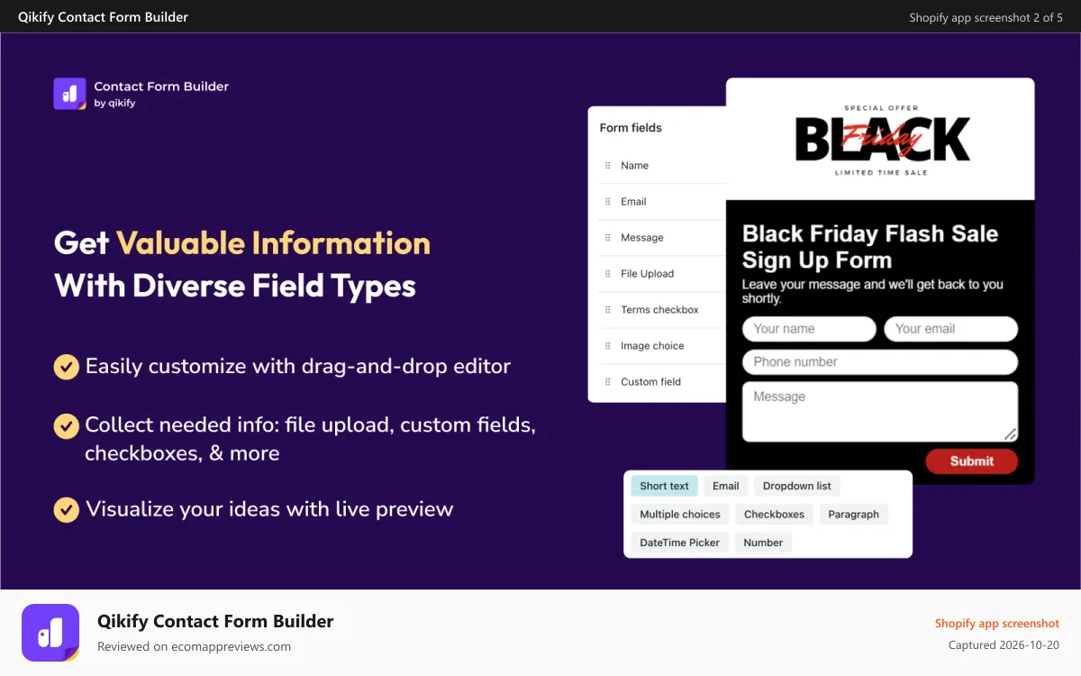 Qikify Contact Form Builder Shopify app screenshot: Gather exactly information with many types of fields