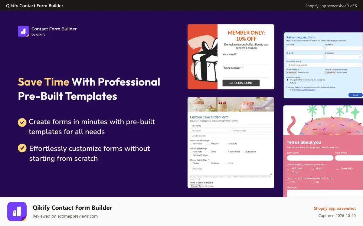 Qikify Contact Form Builder Shopify app screenshot: Impress users with professionally designed templates