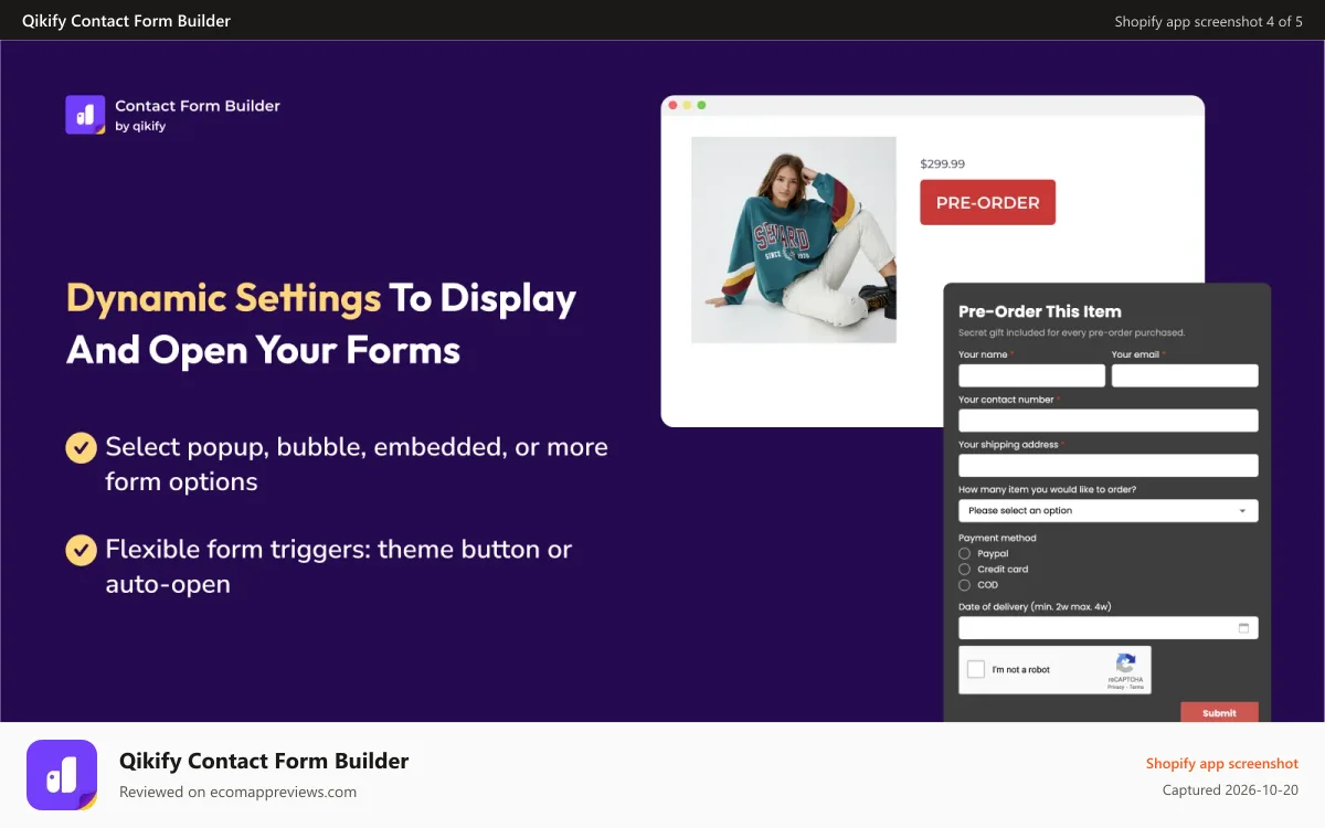 Qikify Contact Form Builder Shopify app screenshot: Trigger your form anywhere, even theme button