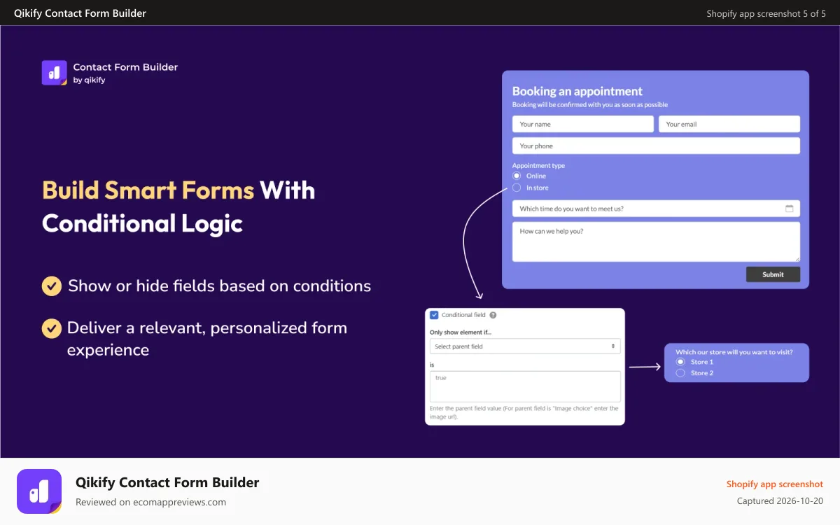 Qikify Contact Form Builder Shopify app screenshot: Improve user experience with smart conditional logic