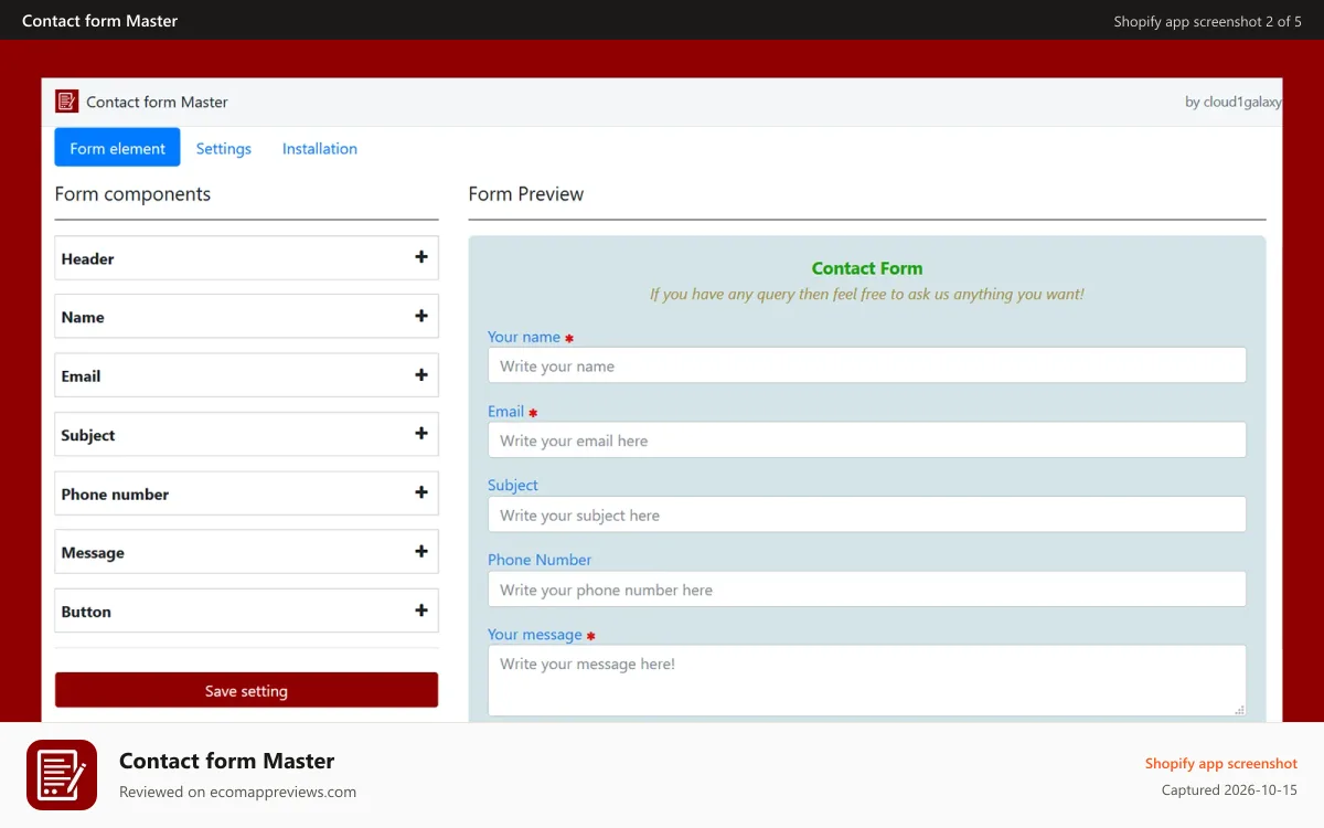 Contact form Master Shopify app screenshot: Contact Form