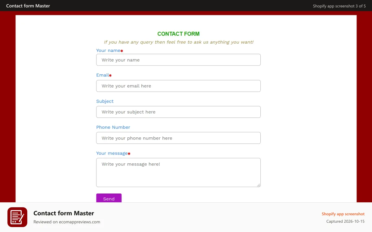 Contact form Master Shopify app screenshot: Contact Form