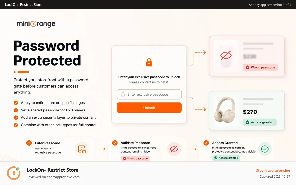LockOn‑ Restrict Store Shopify app screenshot: Password Protection With Page Lock To View Prices Or Content