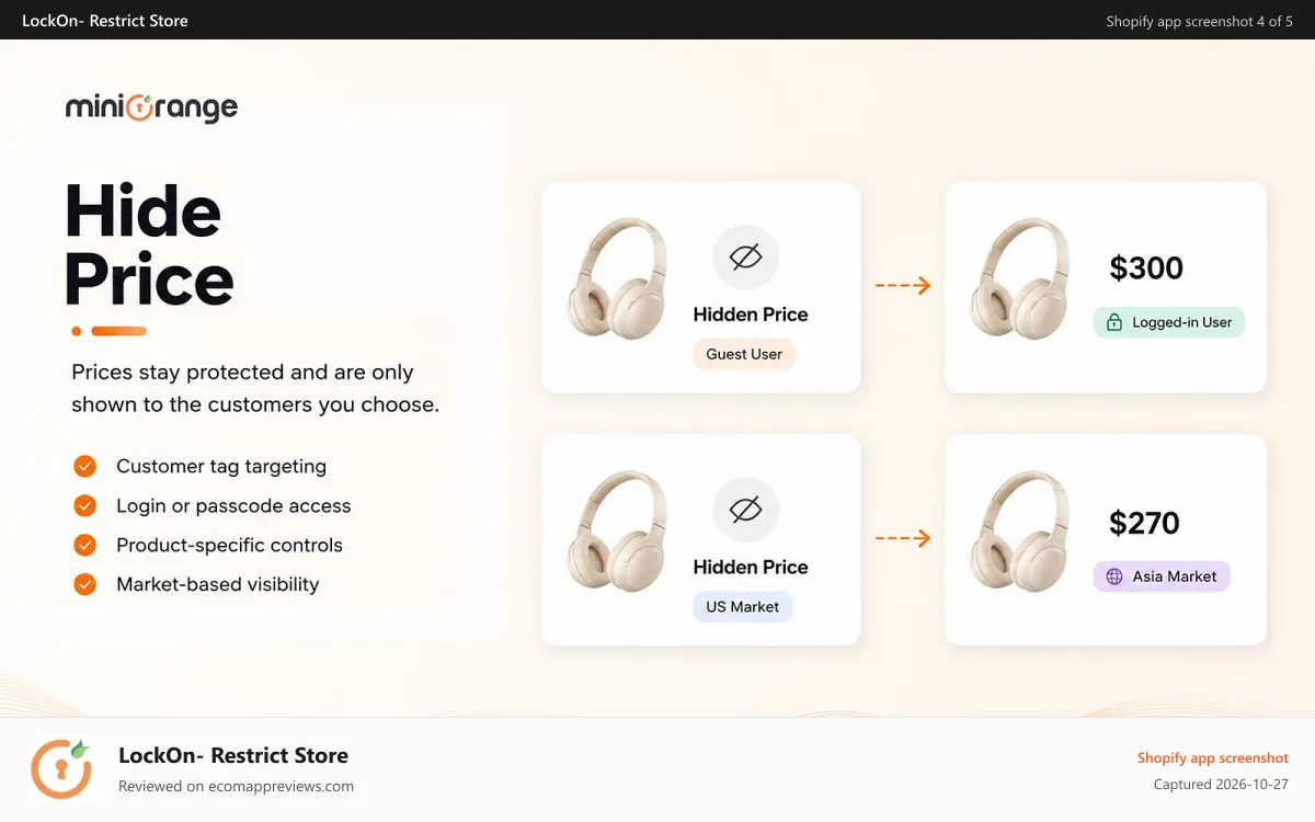 LockOn‑ Restrict Store Shopify app screenshot: Hide prices by customer tag, email, or location, selected users