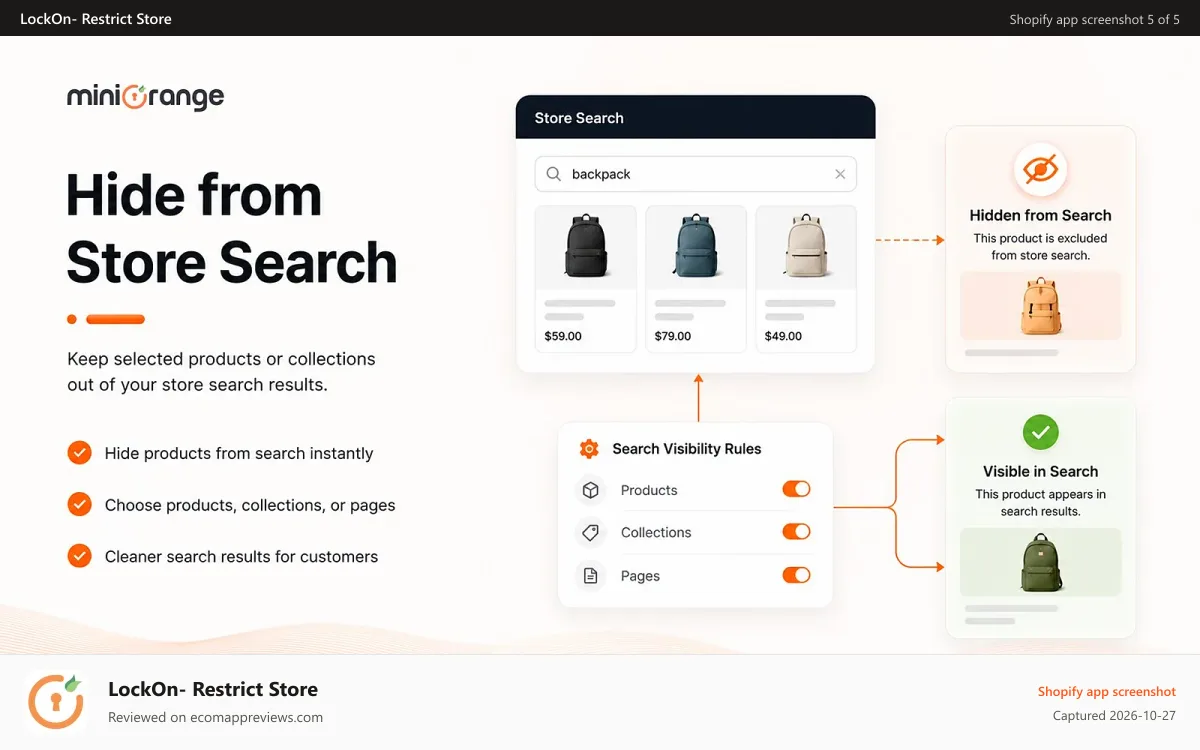 LockOn‑ Restrict Store Shopify app screenshot: Prevent product from appearing in search | Hide product search