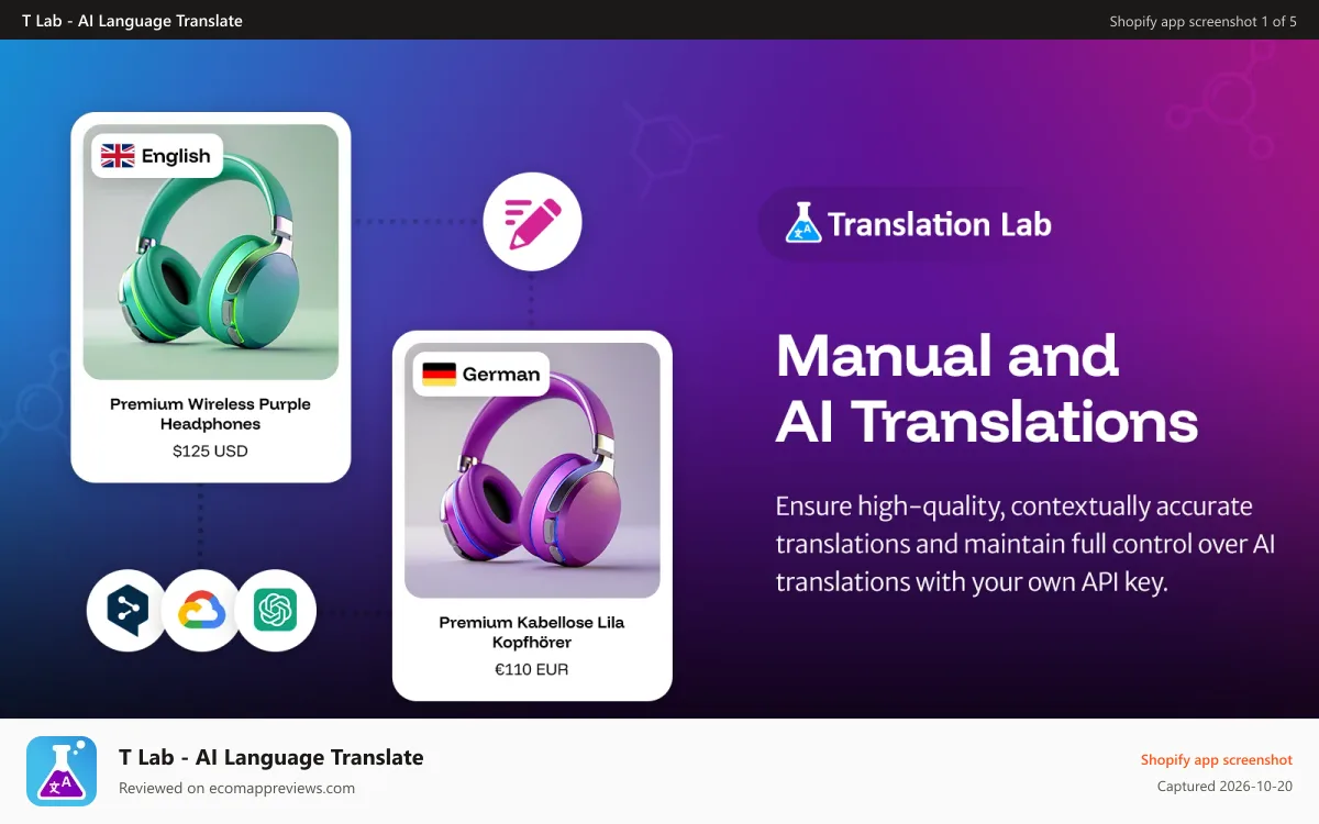 T Lab ‑ AI Language Translate Shopify app screenshot: Translation Lab Manual and AI Translations