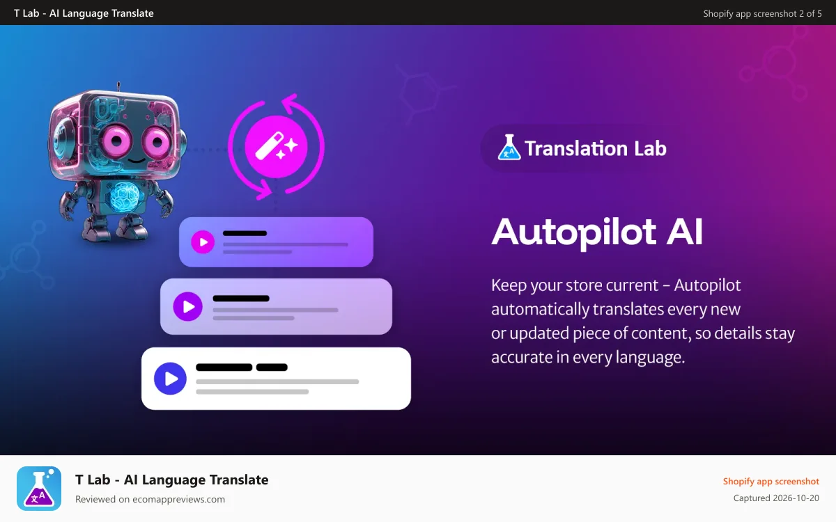 T Lab ‑ AI Language Translate Shopify app screenshot: Translation Lab Autopilot AI Translations