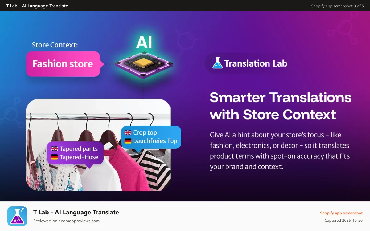 T Lab ‑ AI Language Translate Shopify app screenshot: Translation Lab AI Translations with Store Context