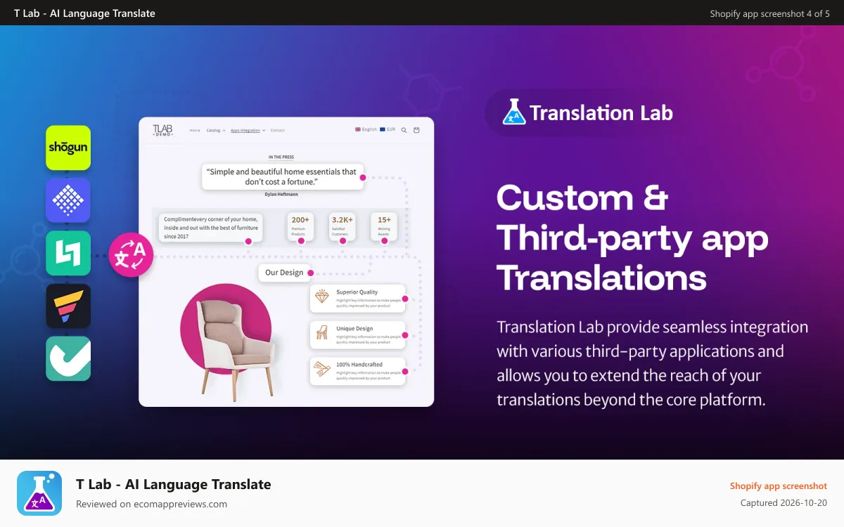 T Lab ‑ AI Language Translate Shopify app screenshot: Translation Lab Custom and Third-party app translations