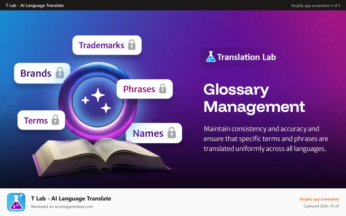 T Lab ‑ AI Language Translate Shopify app screenshot: Translation Lab Glossary Management