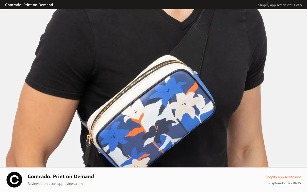 Contrado: Print on Demand Shopify app screenshot: sell your art prints on Crossbody Bags with your own brand