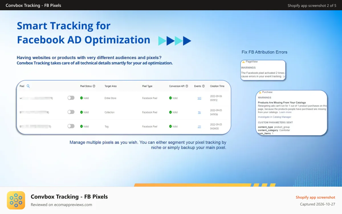 Convbox Tracking ‑ FB Pixels Shopify app screenshot: Smart Facebook multi-Pixel for ads optimization on Shopify