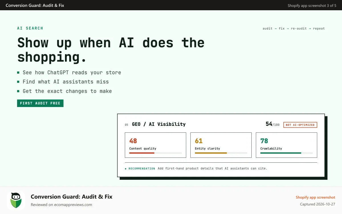 Conversion Guard: Audit & Fix Shopify app screenshot: See how ChatGPT and other AI assistants read your store