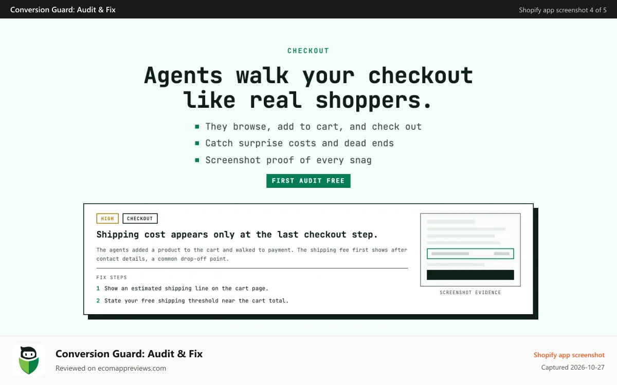Conversion Guard: Audit & Fix Shopify app screenshot: Agents walk your checkout like real shoppers to find friction
