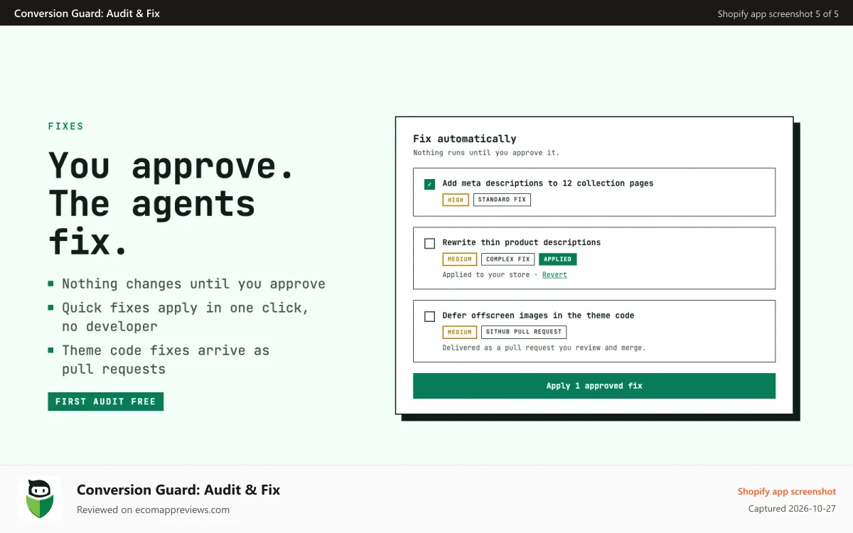 Conversion Guard: Audit & Fix Shopify app screenshot: You approve, the agents fix: one click or a GitHub pull request