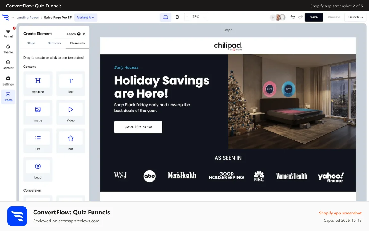 ConvertFlow: Quiz Funnels Shopify app screenshot: Offer landing pages for products, bundles & subscriptions