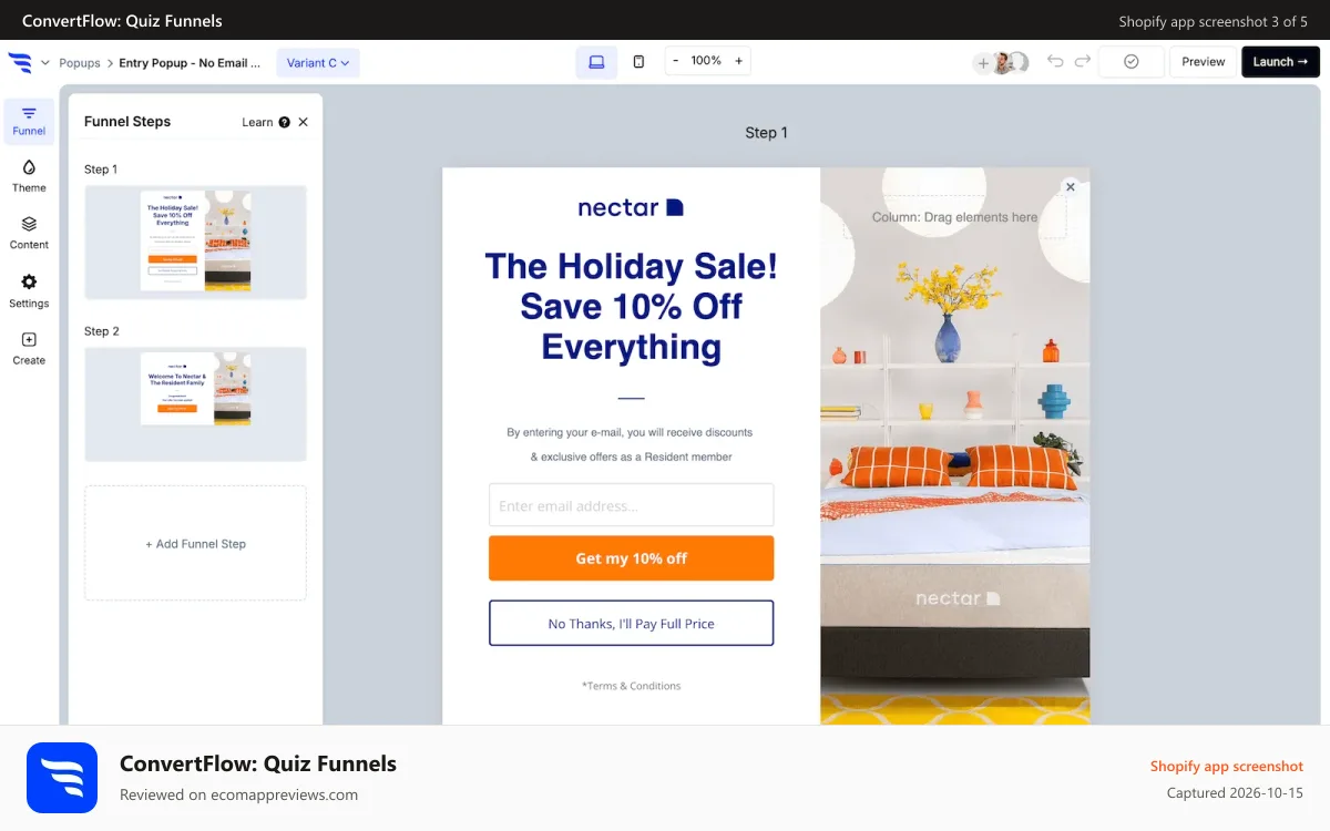 ConvertFlow: Quiz Funnels Shopify app screenshot: Grow email & SMS lists with popups, sticky bars & embeds
