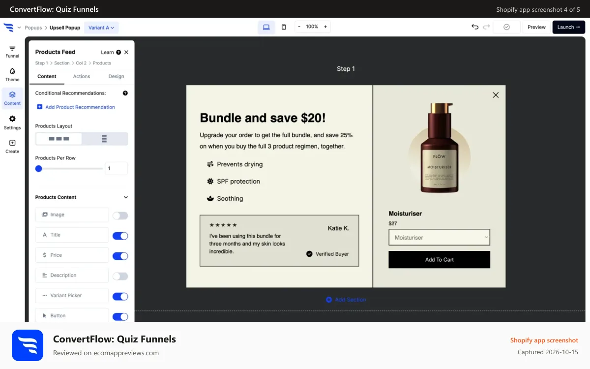 ConvertFlow: Quiz Funnels Shopify app screenshot: Cart upsell funnels to add multiple recommended products to cart