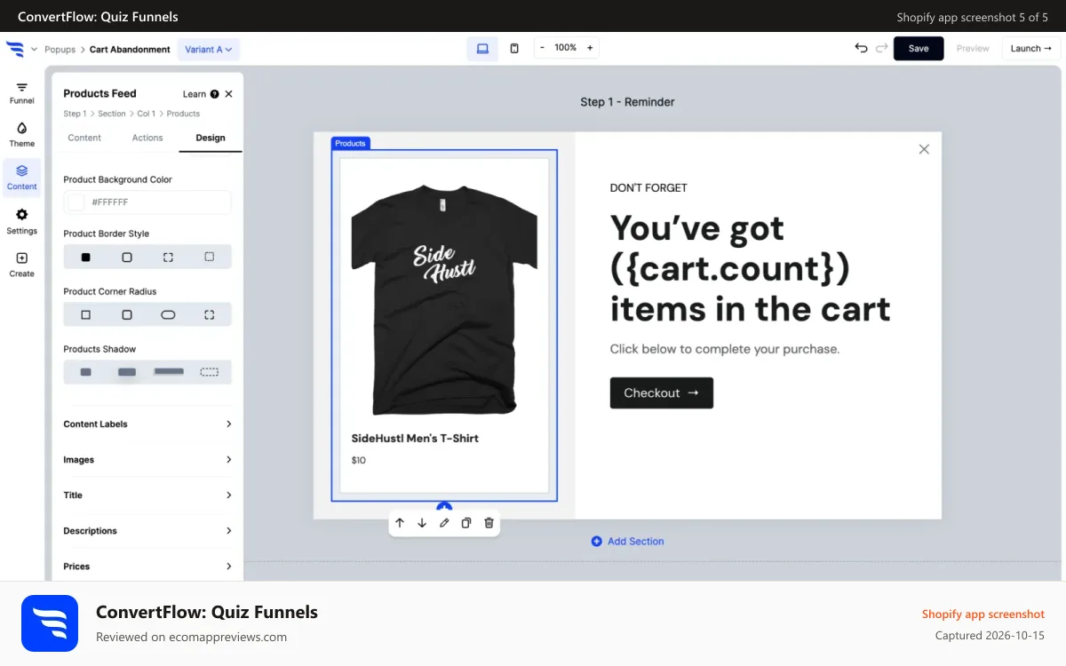ConvertFlow: Quiz Funnels Shopify app screenshot: Reduce browse & cart abandonment with exit-intent popups