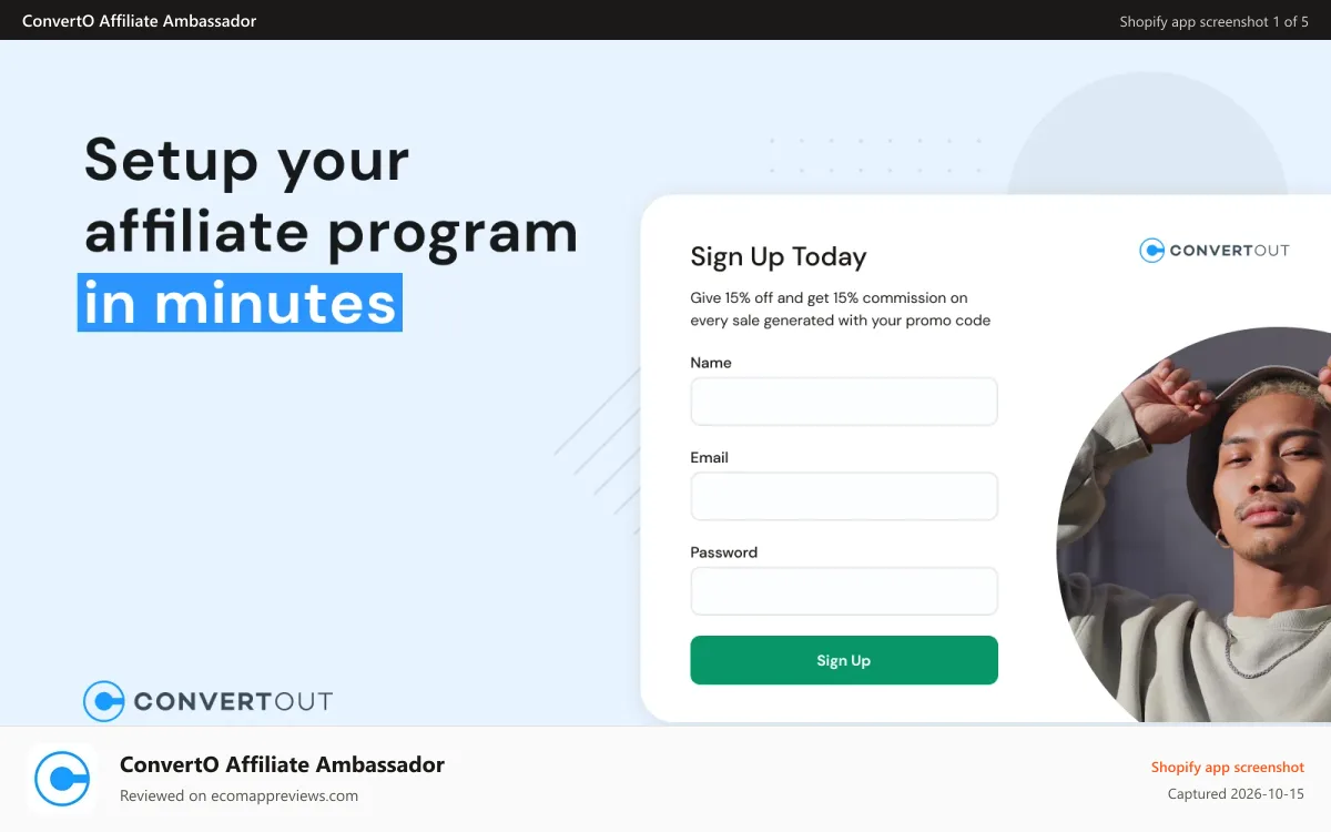 ConvertO Affiliate Ambassador Shopify app screenshot: Setup your affiliate program in minutes