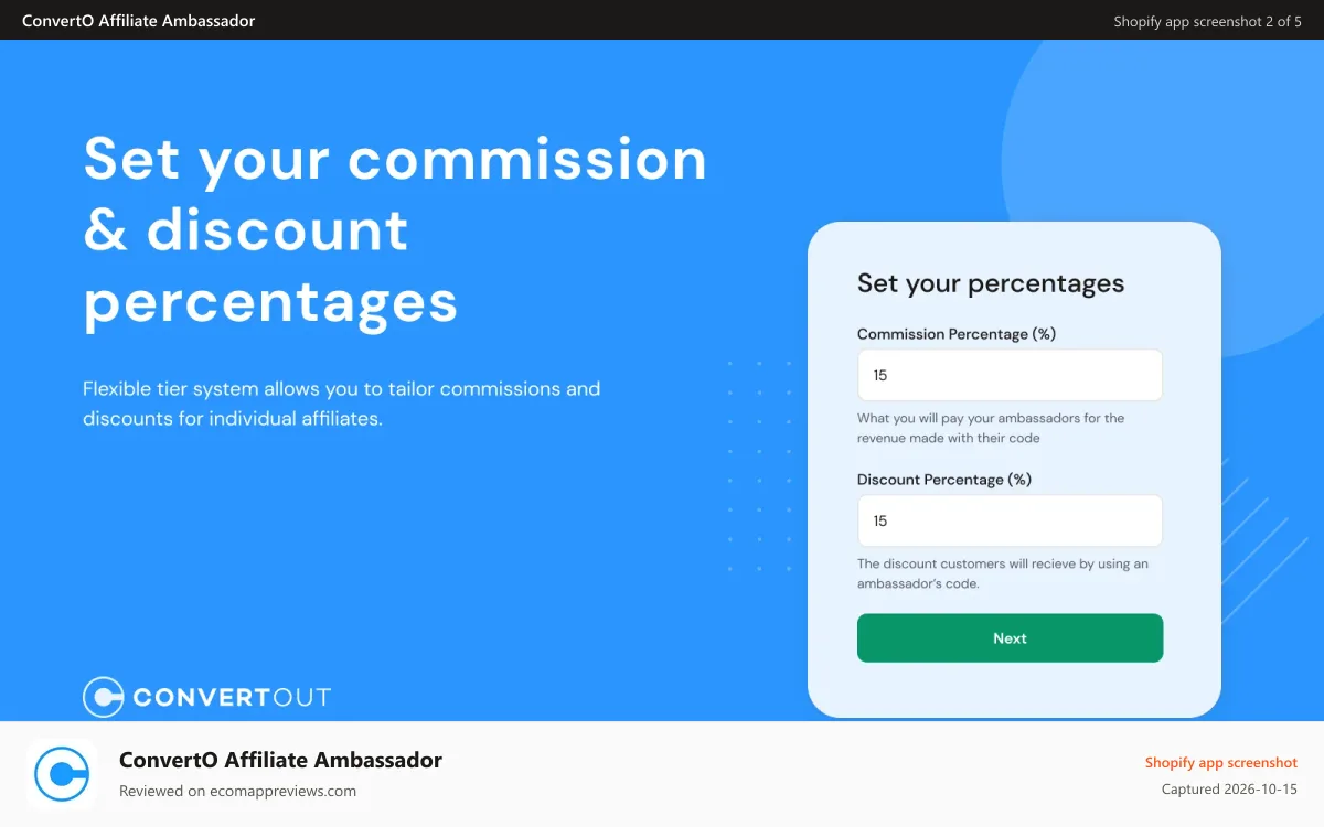 ConvertO Affiliate Ambassador Shopify app screenshot: Set your own commission and discount percentages