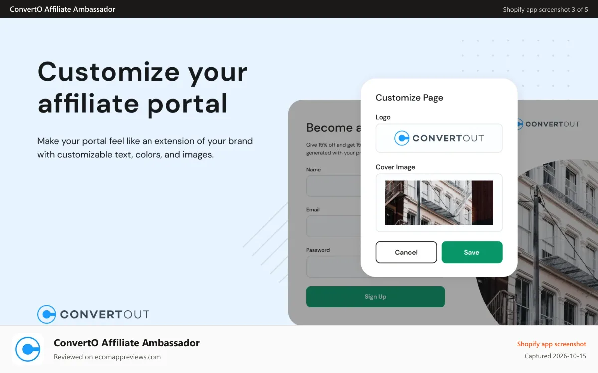 ConvertO Affiliate Ambassador Shopify app screenshot: Customize your portal