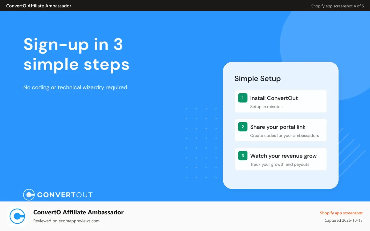 ConvertO Affiliate Ambassador Shopify app screenshot: Sign up is easy