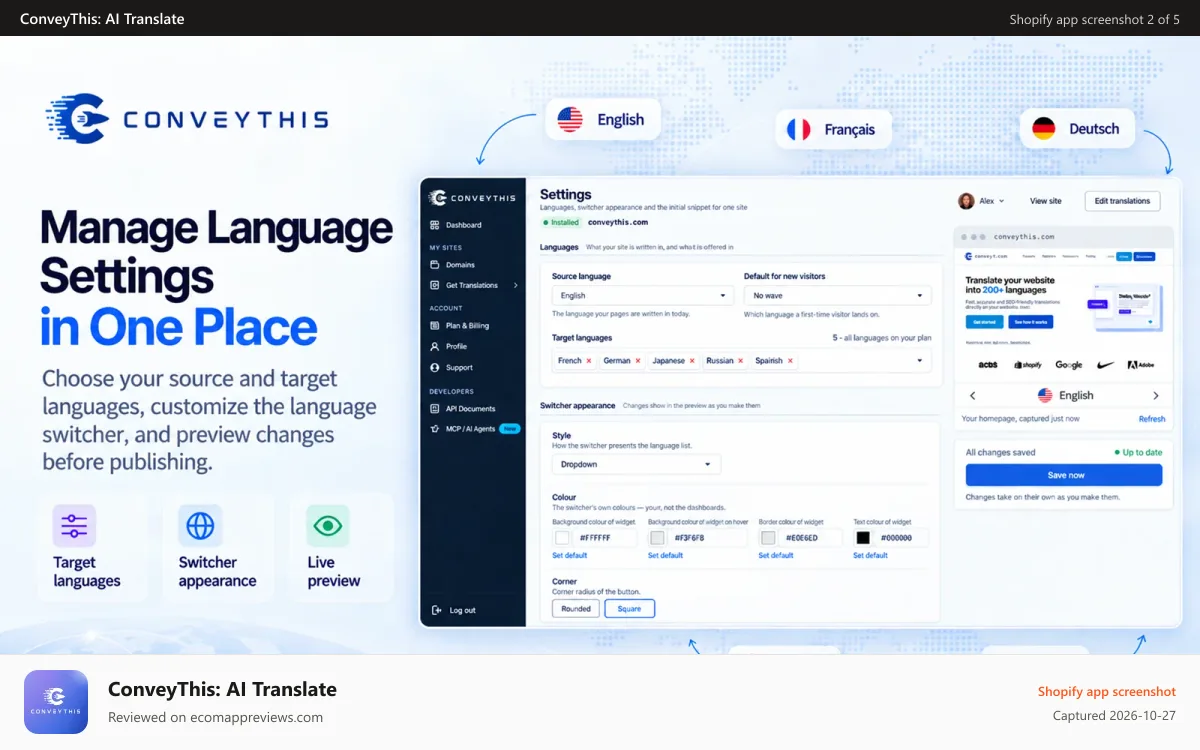 ConveyThis: AI Translate Shopify app screenshot: ConveyThis: AI Store Translator - Website Translator