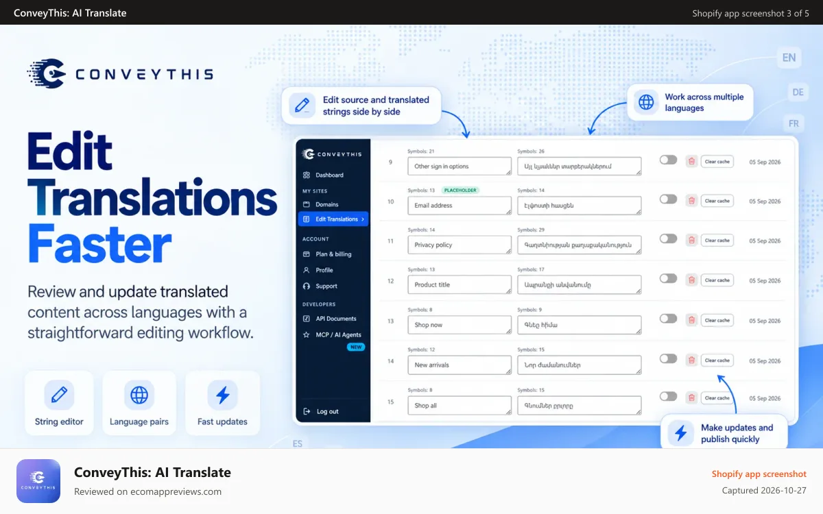 ConveyThis: AI Translate Shopify app screenshot: ConveyThis: AI Store Translator - Widget