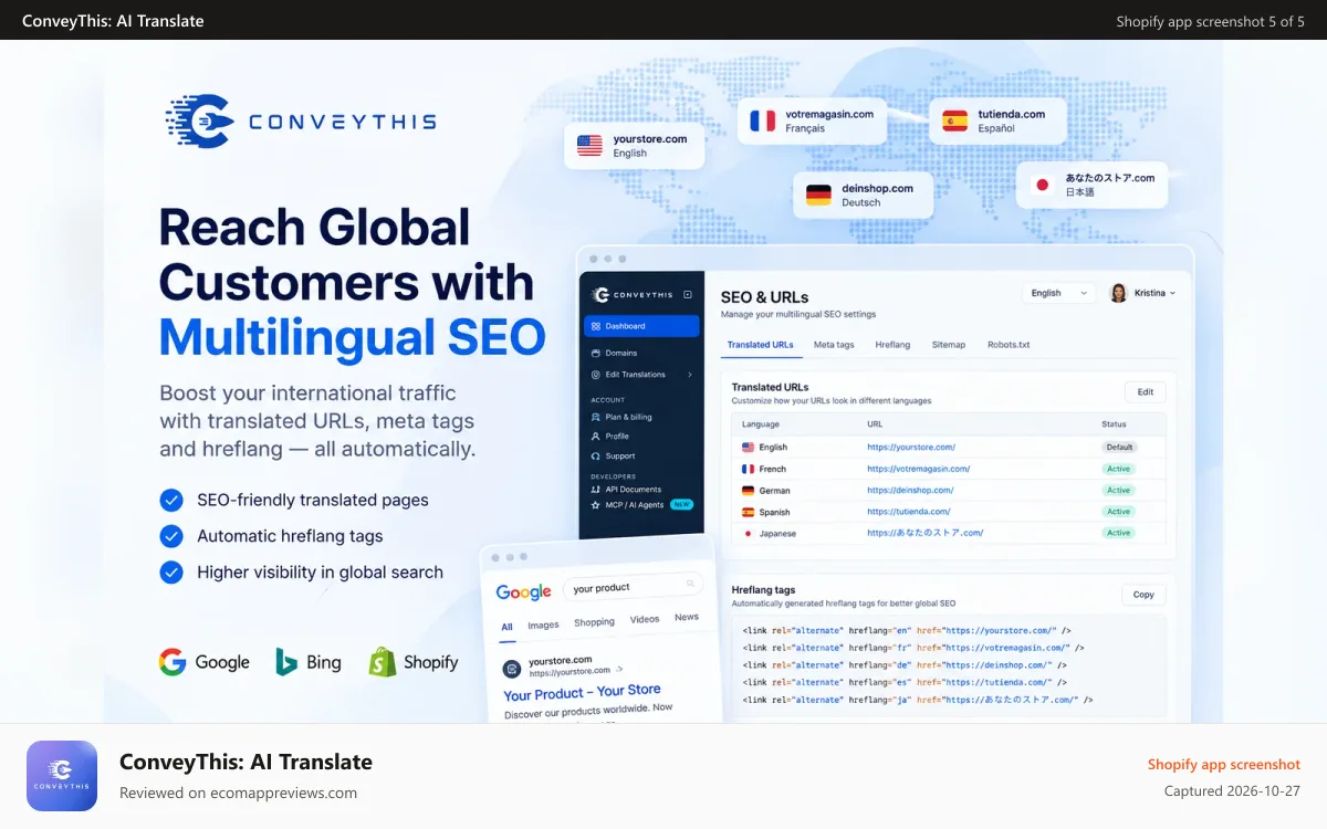ConveyThis: AI Translate Shopify app screenshot: ConveyThis: AI Store Translator - Settings