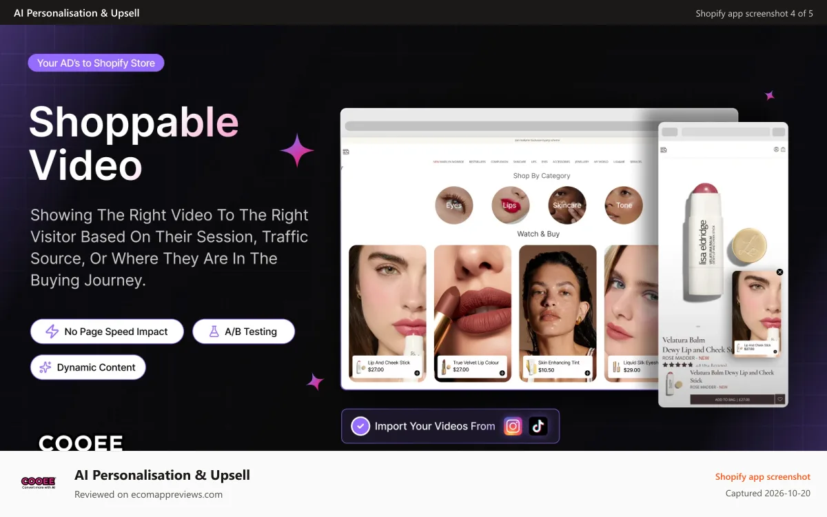 AI Personalisation & Upsell Shopify app screenshot: Dynamic shoppable videos without impact your website speed