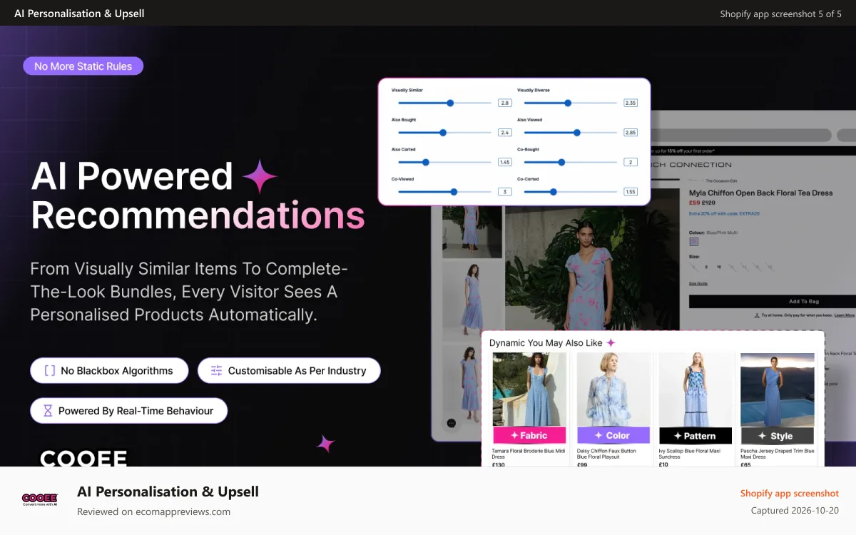 AI Personalisation & Upsell Shopify app screenshot: Recommendations for each visitor on past & current behaviour