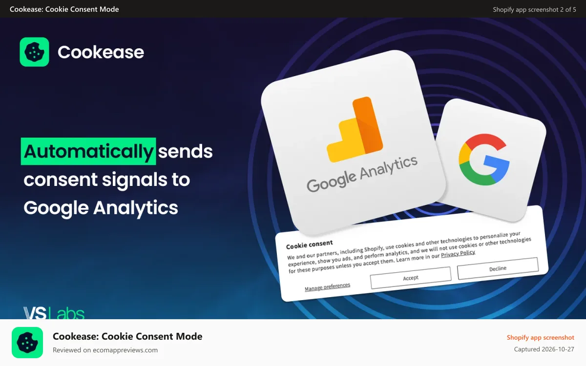 Cookease: Cookie Consent Mode Shopify app screenshot: Automatically sends consent signals to GA4