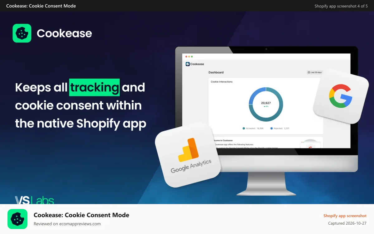 Cookease: Cookie Consent Mode Shopify app screenshot: Keeps all tracking and cookie consent within the native Shopify