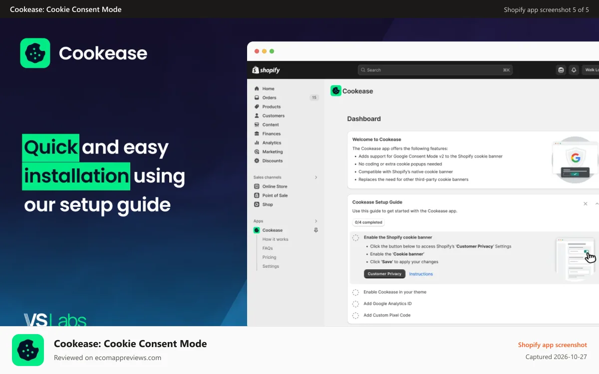 Cookease: Cookie Consent Mode Shopify app screenshot: Quick and easy installation using our setup guide