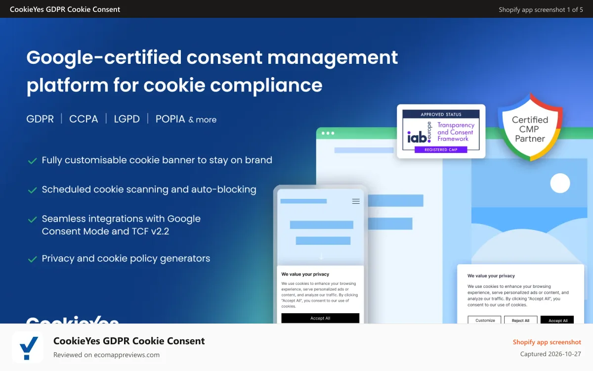 CookieYes GDPR Cookie Consent Shopify app screenshot: The Google-certified consent management platform