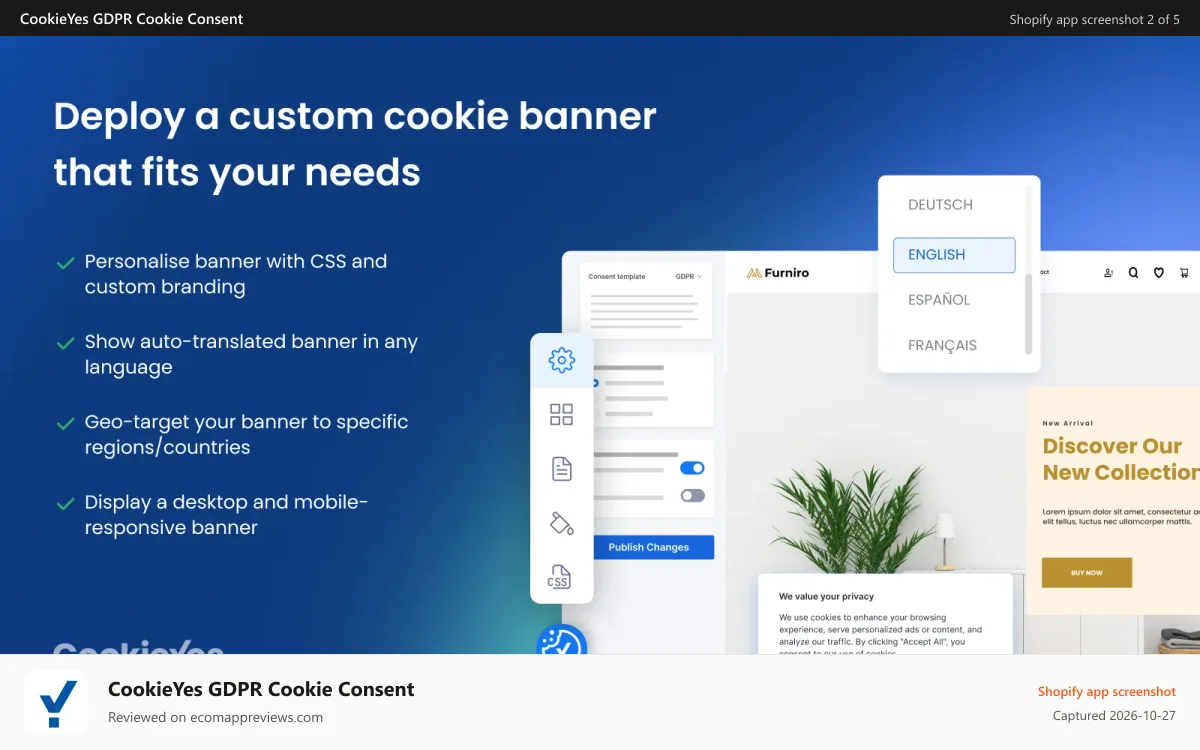 CookieYes GDPR Cookie Consent Shopify app screenshot: Deploy a custom cookie banner that fits your needs