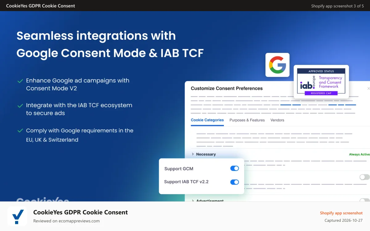 CookieYes GDPR Cookie Consent Shopify app screenshot: Seamless integrations with Google Consent Mode & IAB TCF