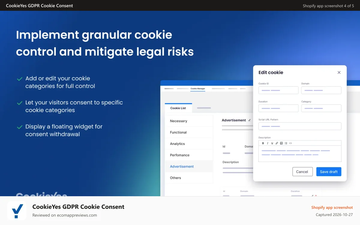 CookieYes GDPR Cookie Consent Shopify app screenshot: Implement granular cookie control and mitigate legal risks