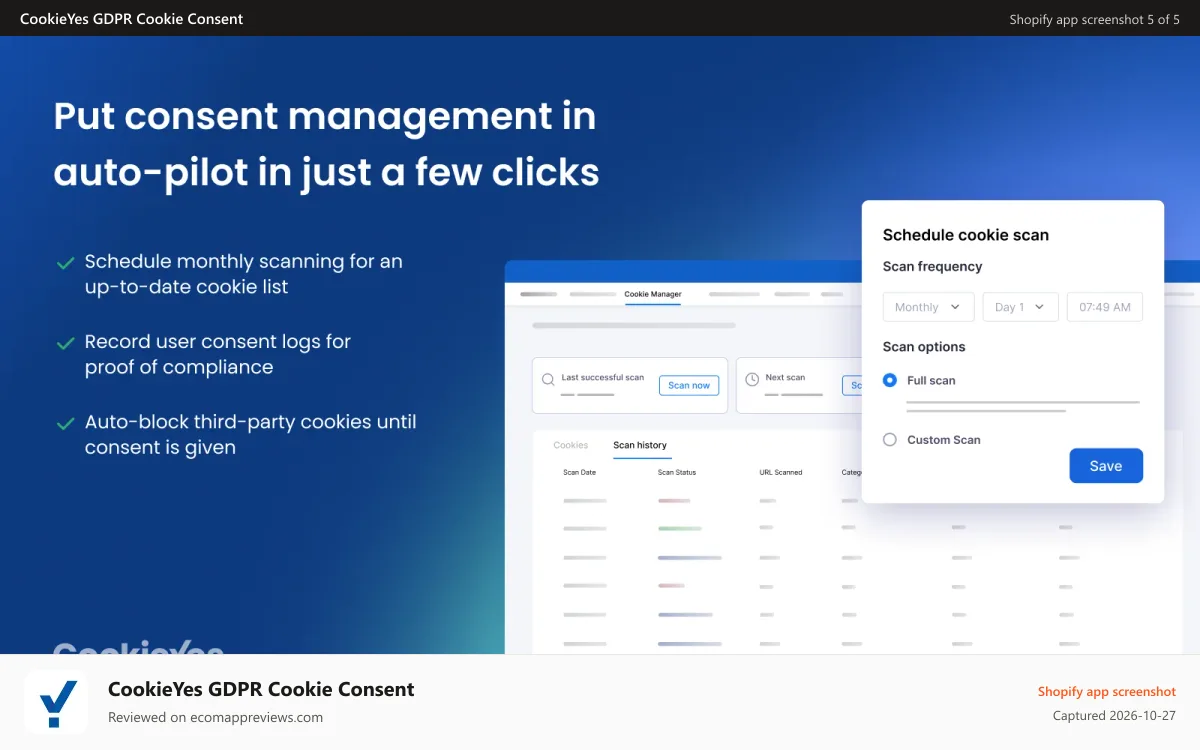 CookieYes GDPR Cookie Consent Shopify app screenshot: Put consent management in auto-pilot in just a few clicks